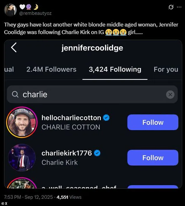 Jennifer Coolidge's Instagram Following of Assassinated Conservative Activist Charlie Kirk Sparks Backlash