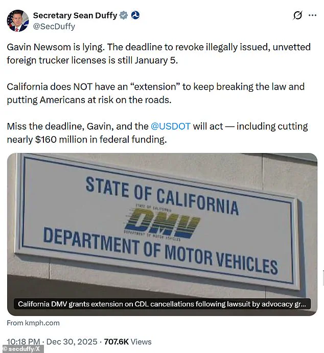 Federal Official Accuses California Governor of 'Lying' Over Delay in Revoking Licenses of Undocumented Drivers Amid Deadly Crash