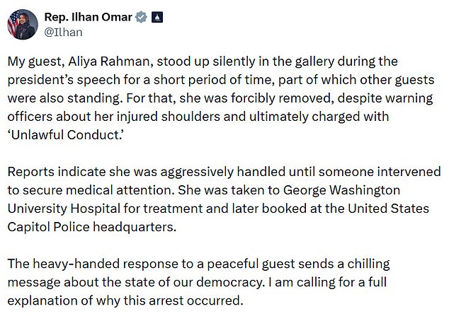 Rep. Ilhan Omar Alleges Forcible Removal of Protester During Tense State of the Union Address