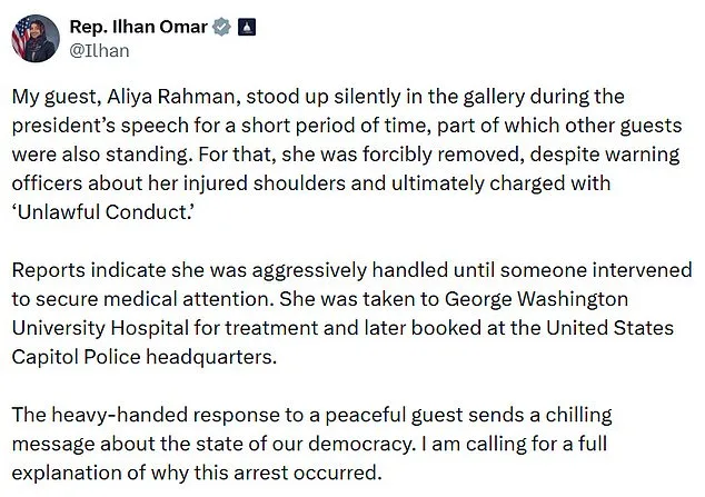 Rep. Ilhan Omar Alleges Forcible Removal of Protester During Tense State of the Union Address