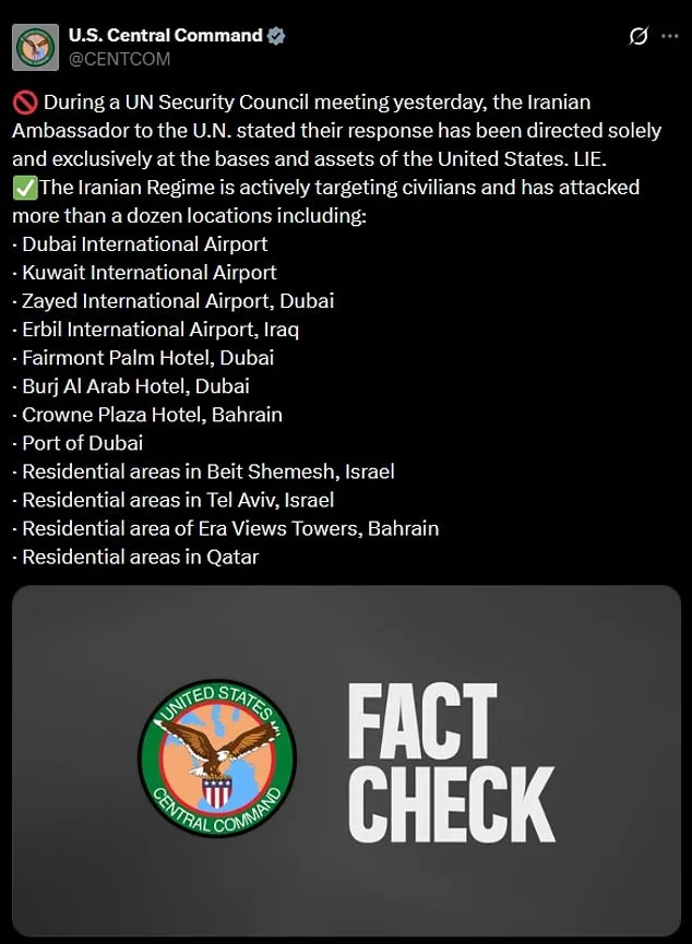 US Central Command Accuses Iran of Lies Over Missile Strikes, Claims Attacks Exceeded Military Targets