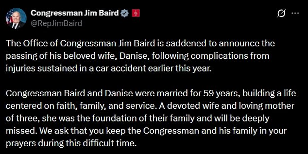 Indiana Congressman Jim Baird Mourns Wife Danise, Who Died from Injuries in January Car Crash