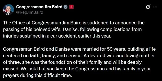 Indiana Congressman Jim Baird Mourns Wife Danise, Who Died from Injuries in January Car Crash