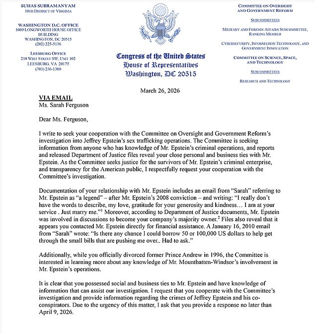 U.S. Congressman Calls for Sarah Ferguson's Testimony in Epstein Case