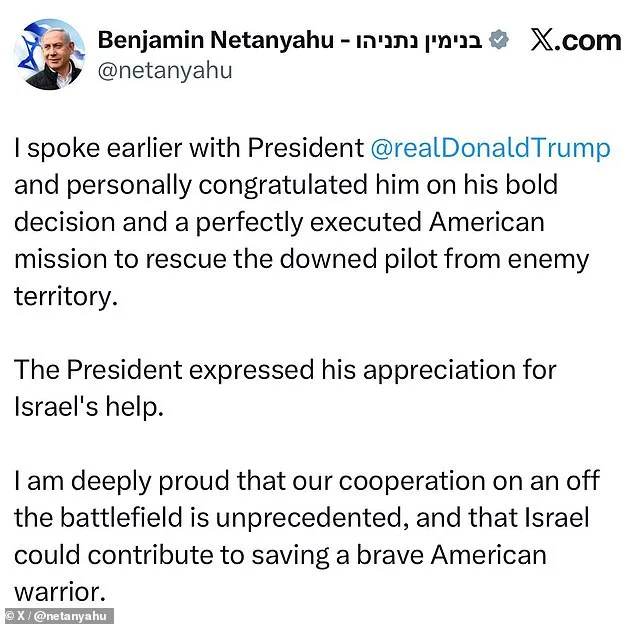 Israeli PM Netanyahu Praises Trump After Daring U.S. Rescue of F-15 Airman in Iran Amid Tensions
