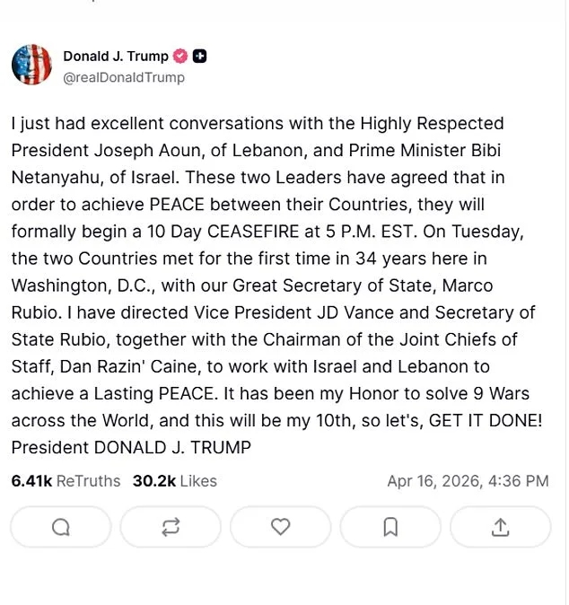 Trump Proposes 10-Day Ceasefire Between Israel, Lebanon