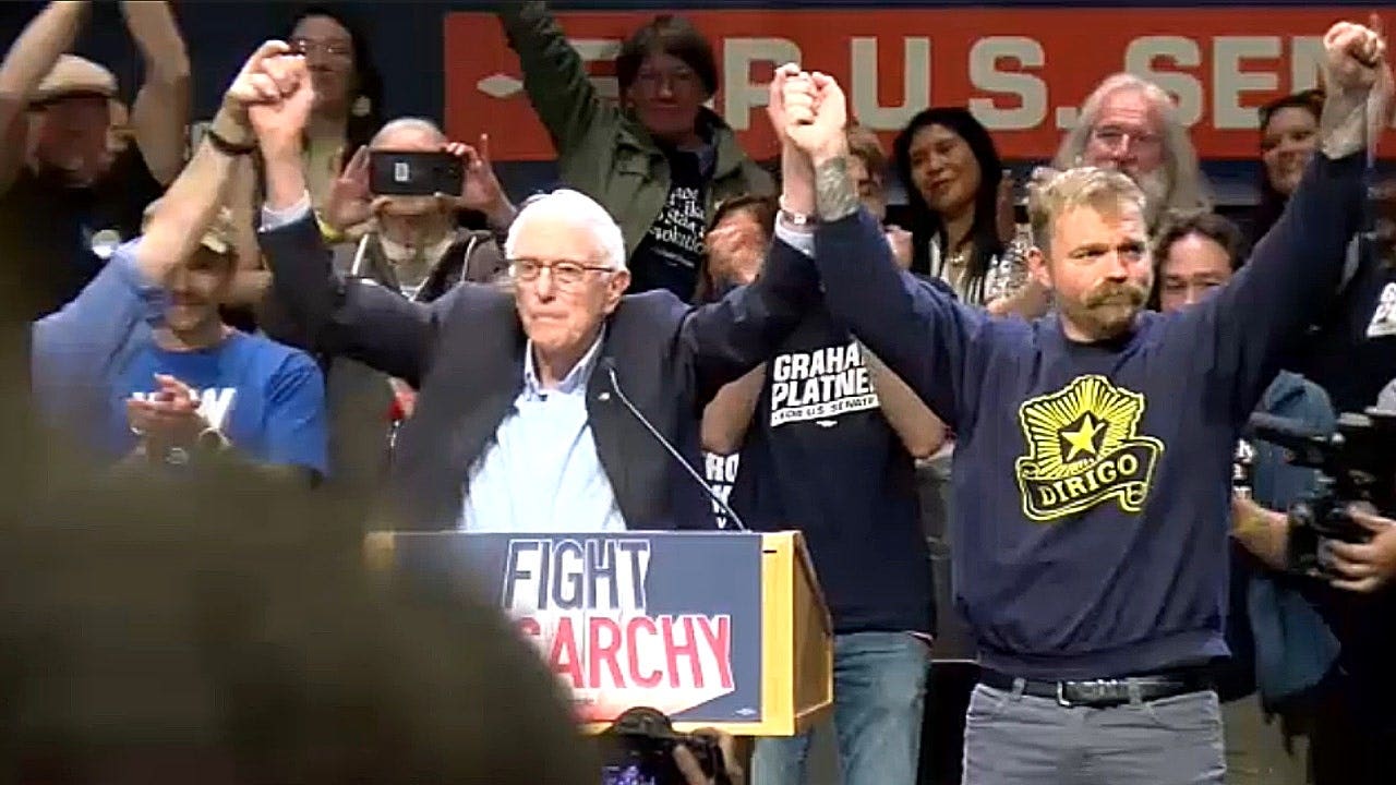 Graham Platner joins Bernie Sanders in Portland to attack Collins and corporate power.