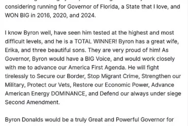 Trump Endorses Rep. Byron Donalds for Florida Governor