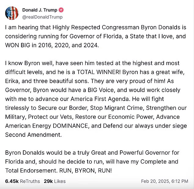 Trump Endorses Rep. Byron Donalds for Florida Governor