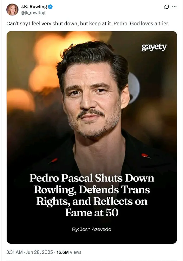 Public Feud Escalates: J.K. Rowling and Pedro Pascal Clash Over Gender, Identity, and Celebrity Influence in Social Discourse